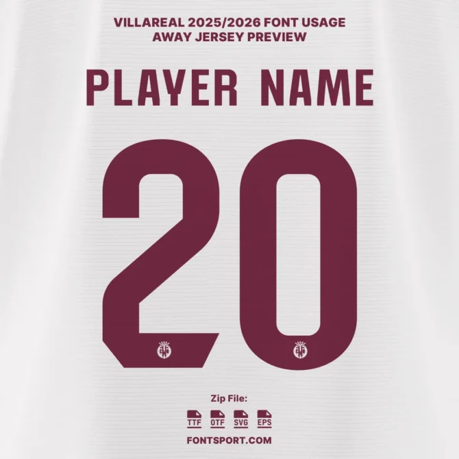 Villarreal 2025/2026 Away Jersey Font – exclusive La Liga typeface in burgundy style, featuring official Villarreal CF typography for names and numbers.