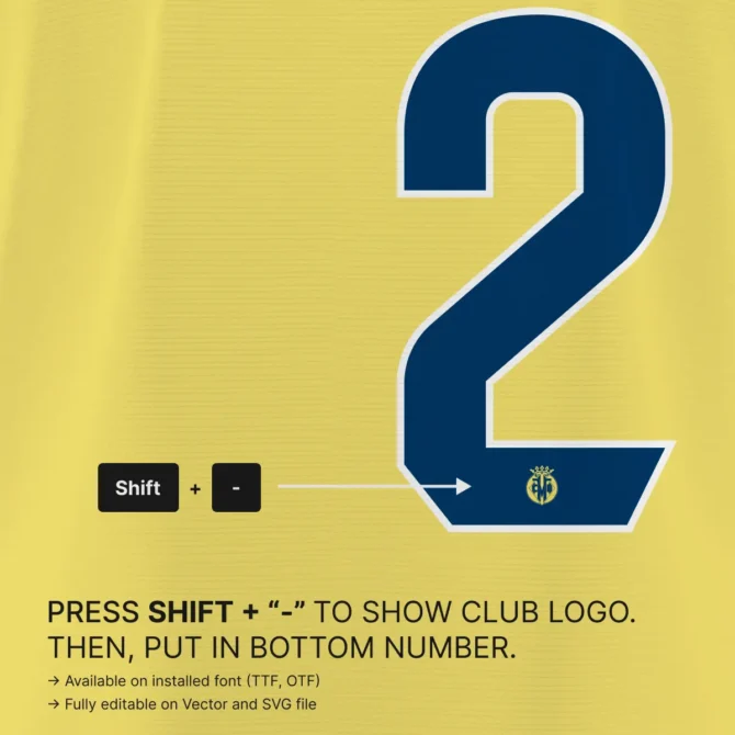 Villarreal CF 2025/2026 Font Kit – special crest logo detail embedded in numbers for authentic La Liga matchday jersey typeface.