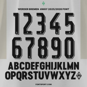 Werder Bremen 2025/2026 Bundesliga font full alphabet and numbers preview in bold black outline on grey background – includes multilingual characters and official Werder Bremen.