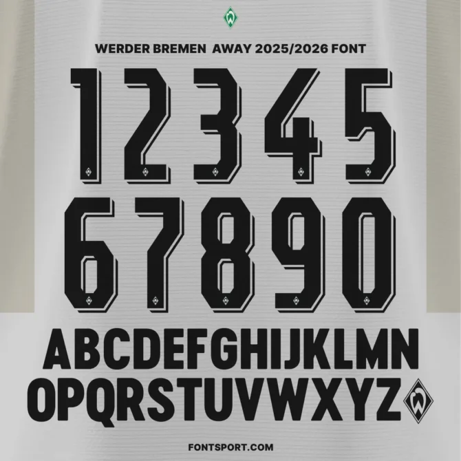 Werder Bremen 2025/2026 Bundesliga font full alphabet and numbers preview in bold black outline on grey background – includes multilingual characters and official Werder Bremen.