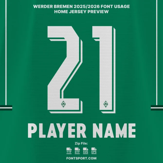 Werder Bremen 2025/2026 Bundesliga font applied on home jersey preview with player name and number in bold outlined style with Werder Bremen logo.