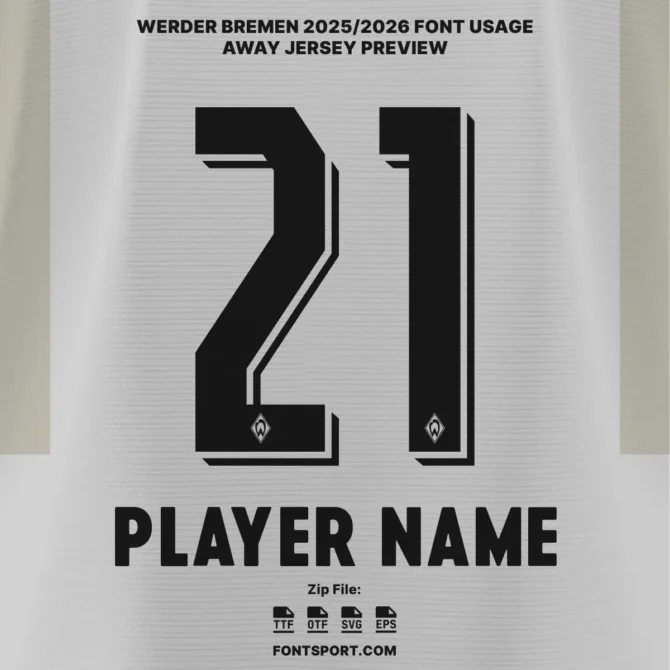 Werder Bremen 2025/2026 Bundesliga font applied on away jersey preview with player name and number in bold outlined style with Werder Bremen logo.