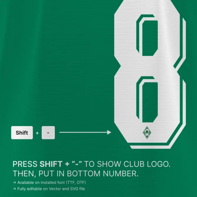 Close-up guide for Werder Bremen 2025/2026 Bundesliga font showing how to insert Werder Bremen logo into numbers using Shift plus equal key shortcut.