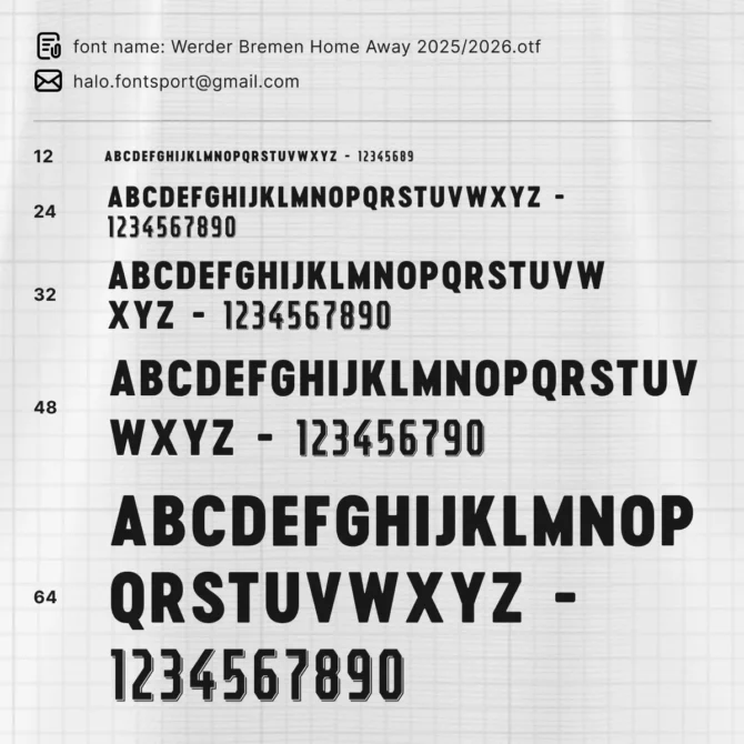 Werder Bremen 2025/2026 font weight and size variations – full uppercase alphabet and numbers in multiple styles for jersey customization.