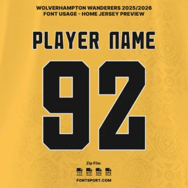 Wolves 2025/2026 home jersey font preview with player name and number style, Premier League official typeface in OTF, TTF, SVG, Vector formats.