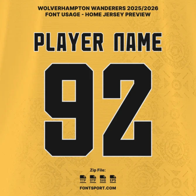 Wolves 2025/2026 home jersey font preview with player name and number style, Premier League official typeface in OTF, TTF, SVG, Vector formats.