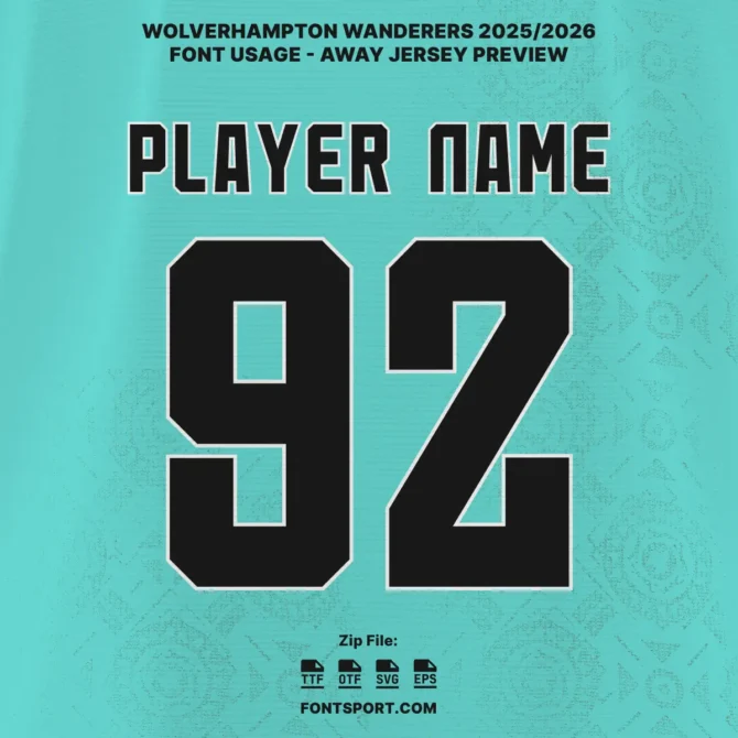 Wolves 2025/2026 away jersey font preview in teal kit, featuring official Premier League typeface for player names and numbers.