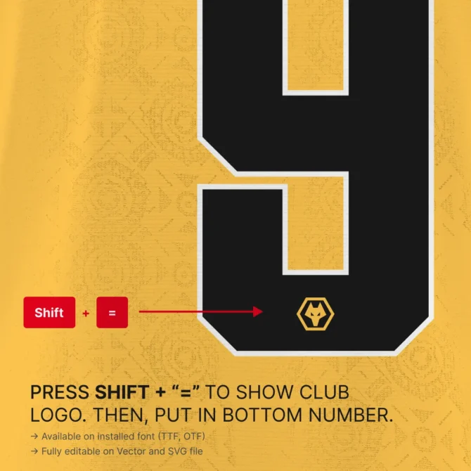 Close-up of Wolves 2025/2026 jersey number with embedded club logo glyph, official Premier League font for authentic merchandise and design use.