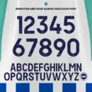 Brighton 2025/26 official Premier League font kit showing alphabet A–Z and numbers 0–9 with club crest details