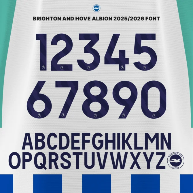 Brighton 2025/26 official Premier League font kit showing alphabet A–Z and numbers 0–9 with club crest details