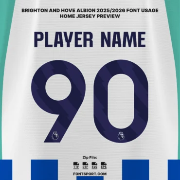 Brighton & Hove Albion 2025/2026 Font Kit – Premier League home jersey preview with official player name and number style