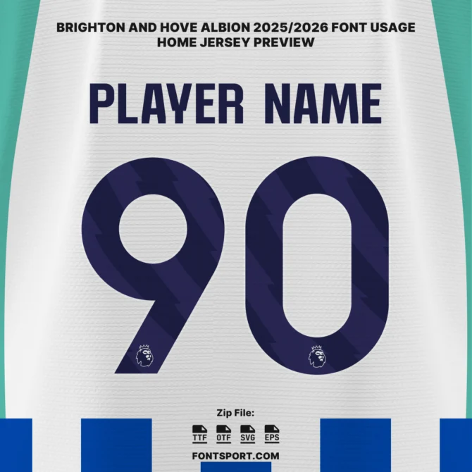 Brighton & Hove Albion 2025/2026 Font Kit – Premier League home jersey preview with official player name and number style