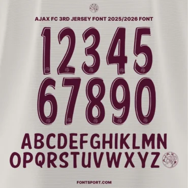 Ajax FC 2025/2026 Third Jersey Font Kit – Official Eredivisie typeface featuring numbers 0–9 and uppercase A–Z with Ajax crest detail.