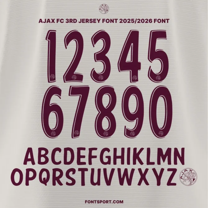 Ajax FC 2025/2026 Third Jersey Font Kit – Official Eredivisie typeface featuring numbers 0–9 and uppercase A–Z with Ajax crest detail.