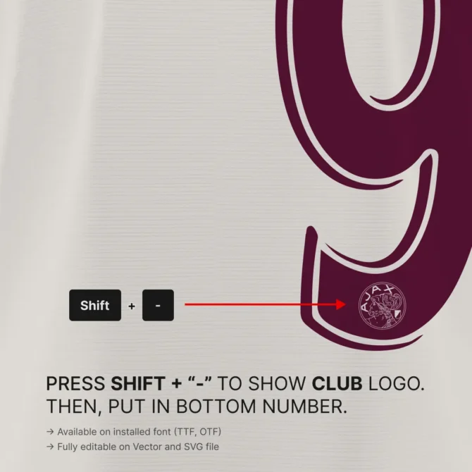 Ajax FC 2025/2026 Third Jersey font usage – Demonstration of adding Ajax club crest logo inside numbers using Shift + “-”.