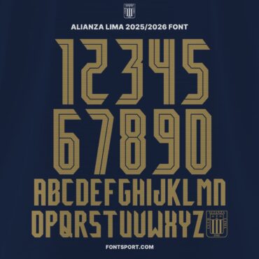 Alianza Lima 2025/26 official Peru League font kit showing alphabet A–Z and numbers 0–9 with club crest details