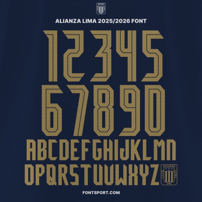 Alianza Lima 2025/26 official Peru League font kit showing alphabet A–Z and numbers 0–9 with club crest details