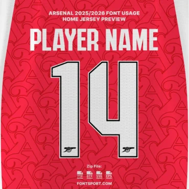 Arsenal 2025/2026 Home Jersey Font Preview – official club jersey typeface with player name and number 14 design mockup