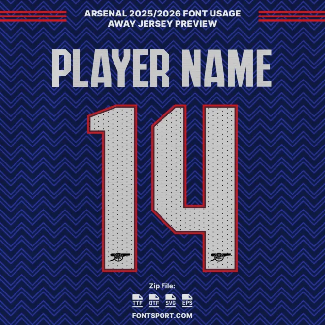 Arsenal 2025/2026 Away Jersey Font Preview – authentic Champions League typeface with perforated number style and cannon crest
