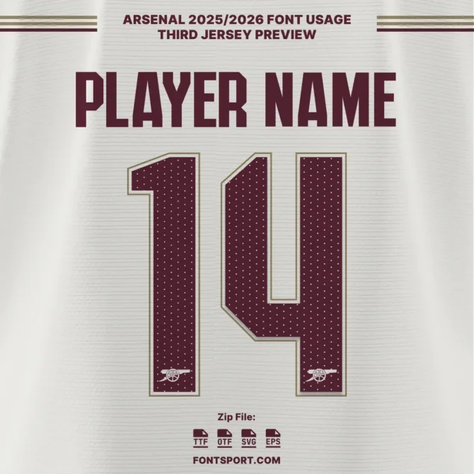 Arsenal 2025/2026 Third Jersey Font Preview – official European competition font in white kit with burgundy outlines