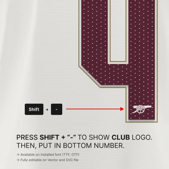 Arsenal 2025/2026 Jersey Font Tutorial – press Shift and Minus to insert cannon club crest inside numbers