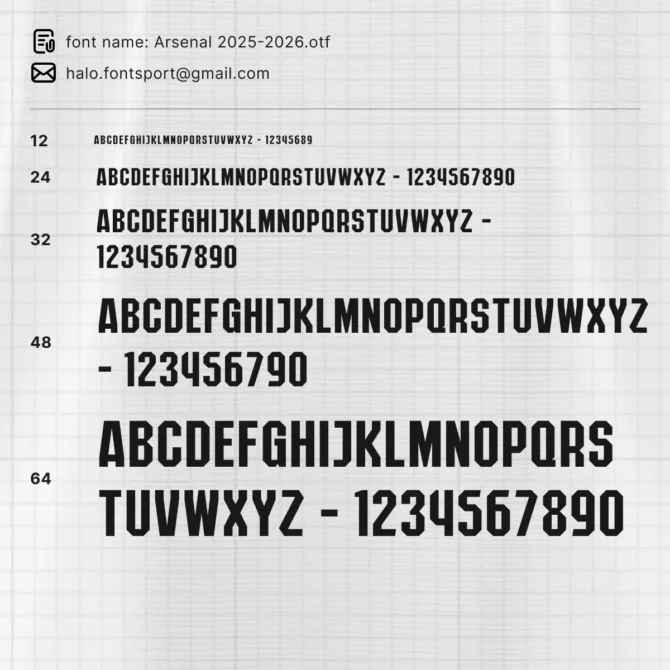 Arsenal 2025/2026 Typeface Specimen – official font family preview with uppercase letters, numbers and multiple weights