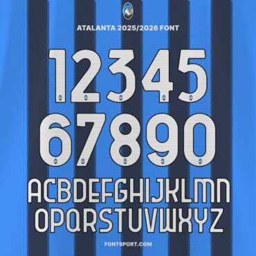 Atalanta 2025/26 official Serie A font kit showing alphabet A–Z and numbers 0–9 with club crest details