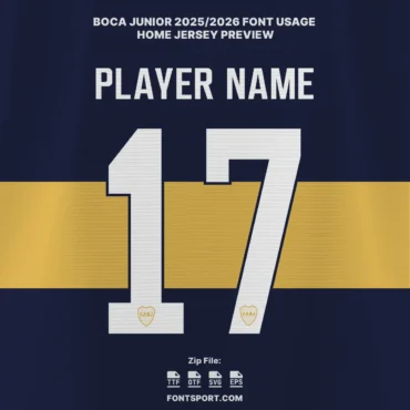 Boca Juniors 2025/2026 Font Kit on official blue home jersey – authentic Primera División typeface with player name and number