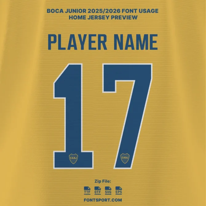 Boca Juniors 2025/2026 Font Kit on yellow away jersey – Argentine Primera División official football jersey typeface design