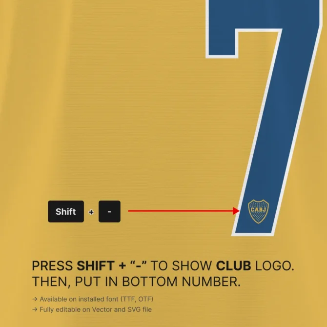 Boca Juniors 2025/2026 Font Kit with club crest logo detail on jersey numbers – official Primera División typeface