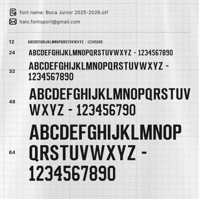 Boca Juniors 2025/2026 Font Kit specimen sheet preview – full alphabet, numbers, and typeface variations for Primera División jerseys