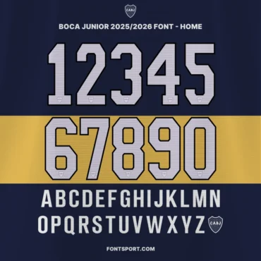 Boca Juniors Home Jersey 2025/2026 Font Kit full alphabet and numbers preview with unique patterned typeface for Argentine Primera División jerseys