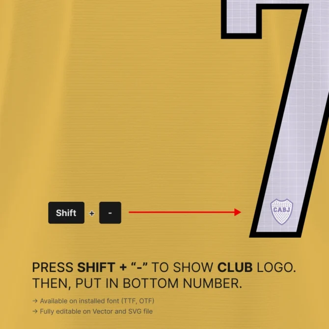 Boca Juniors Home Jersey 2025/2026 Font Kit with embedded club crest logo detail on patterned jersey numbers – SVG and Vector format