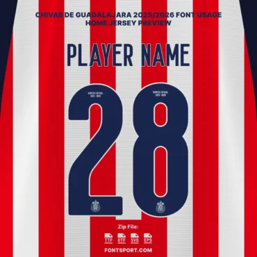 Chivas De Guadalajara 2025/2026 font kit home jersey preview with player name and number 28 in authentic Liga MX typeface.