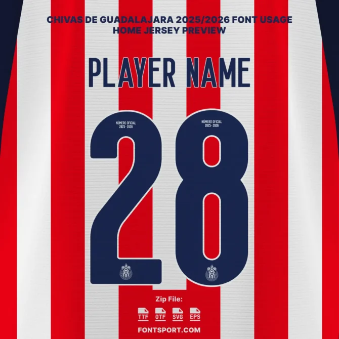 Chivas De Guadalajara 2025/2026 font kit home jersey preview with player name and number 28 in authentic Liga MX typeface.
