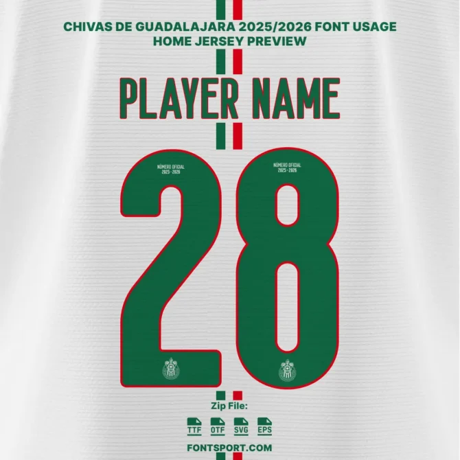 Chivas De Guadalajara 2025/2026 Liga MX font kit white away jersey preview with green outlined numbers and club crest.