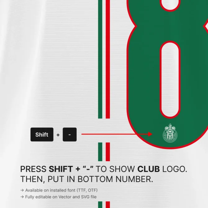 Chivas De Guadalajara 2025/2026 font kit detail showing club crest integration inside numbers with vector and OTF, TTF files.