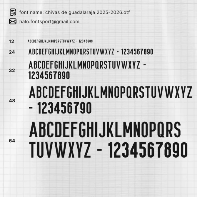 Chivas De Guadalajara 2025/2026 Liga MX jersey typeface sample preview in different sizes with OTF and TTF font files.