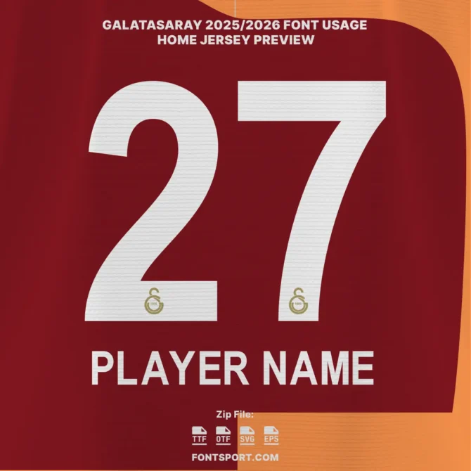 Galatasaray 2025/2026 Home Jersey Font Preview – official club jersey typeface with player name and number 27 design mockup