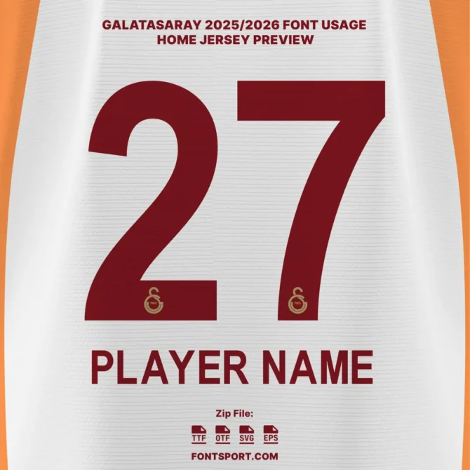 Galatasaray 2025/2026 Away Jersey Font Preview – official club jersey typeface with player name and number 27 design mockup