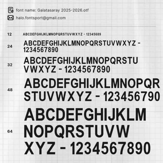 Galatasaray 2025/2026 Typeface Specimen – official font family preview with uppercase letters, numbers and multiple weights