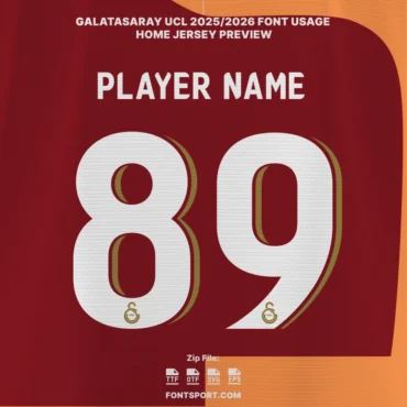 Galatasaray UCL 2025/2026 home jersey font preview – player name and number design in authentic UEFA Champions League style.