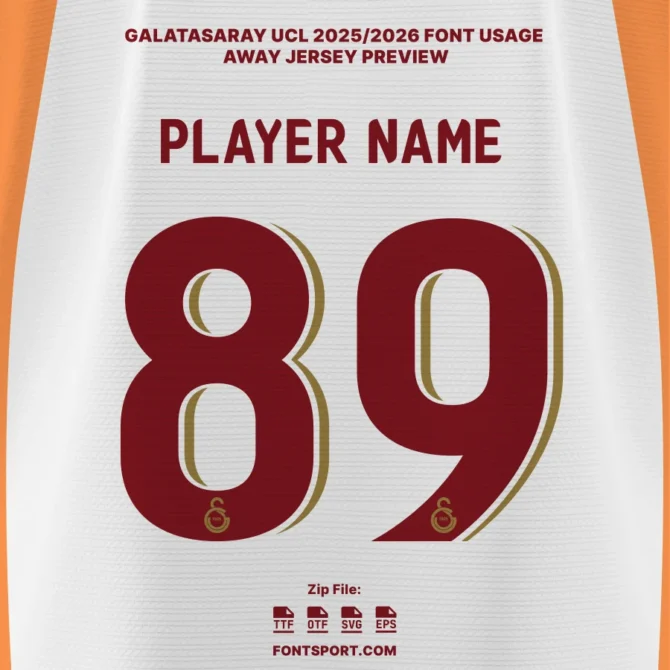 Galatasaray UCL 2025/2026 away jersey font preview – official typeface for names and numbers in European competition.