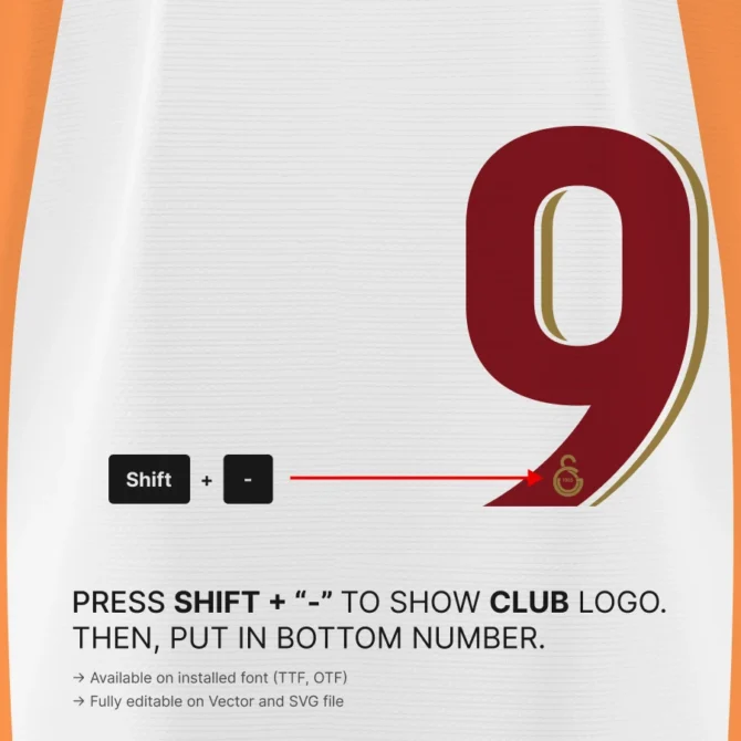 Galatasaray UCL 2025/2026 font kit number detail – showing club crest logo placement on official Champions League typeface.