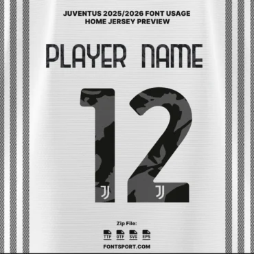 Juventus 2025/2026 Font Kit on official white and black pattern home jersey – authentic Serie A typeface with player name and number