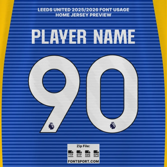 Leeds United 2025 2026 font kit usage on blue home jersey preview with player name and number 90 – official EPL typeface