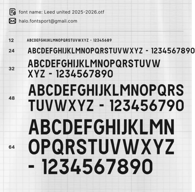 Leeds United 2025 2026 font kit specimen preview with full alphabet and numbers in multiple sizes – OTF TTF typeface