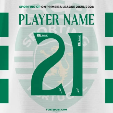Sporting lisbon use Primeira League 2025/2026 Font Kit on official green white jersey – authentic Primera División typeface with player name and number