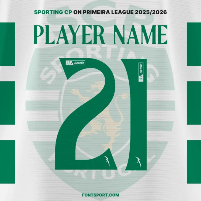 Sporting lisbon use Primeira League 2025/2026 Font Kit on official green white jersey – authentic Primera División typeface with player name and number