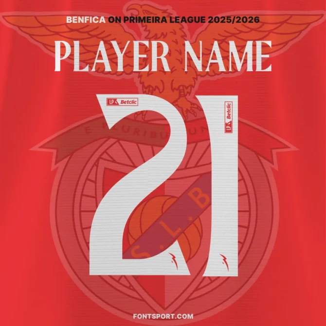 Benfica use Primeira League 2025/2026 Font Kit on official red jersey – authentic Primera División typeface with player name and number